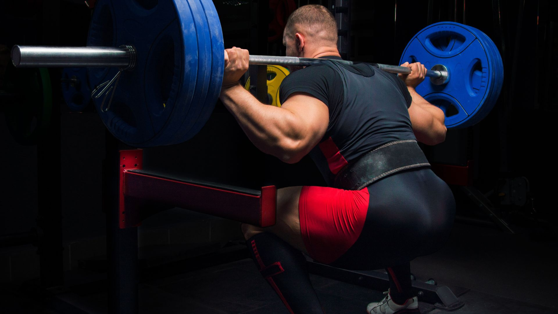 Professional athlete makes squats with a bar ,.,