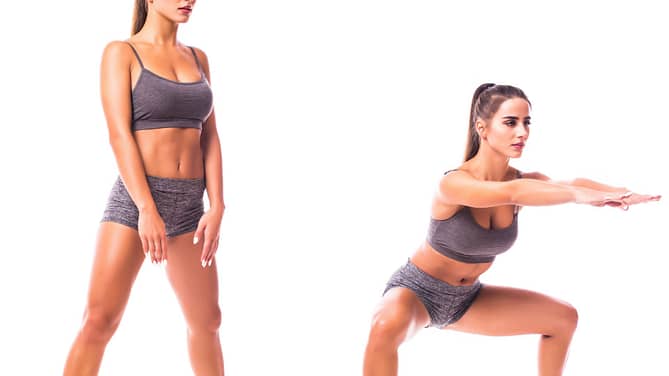 Sumo Squat exercise. Young woman doing sport exercise.