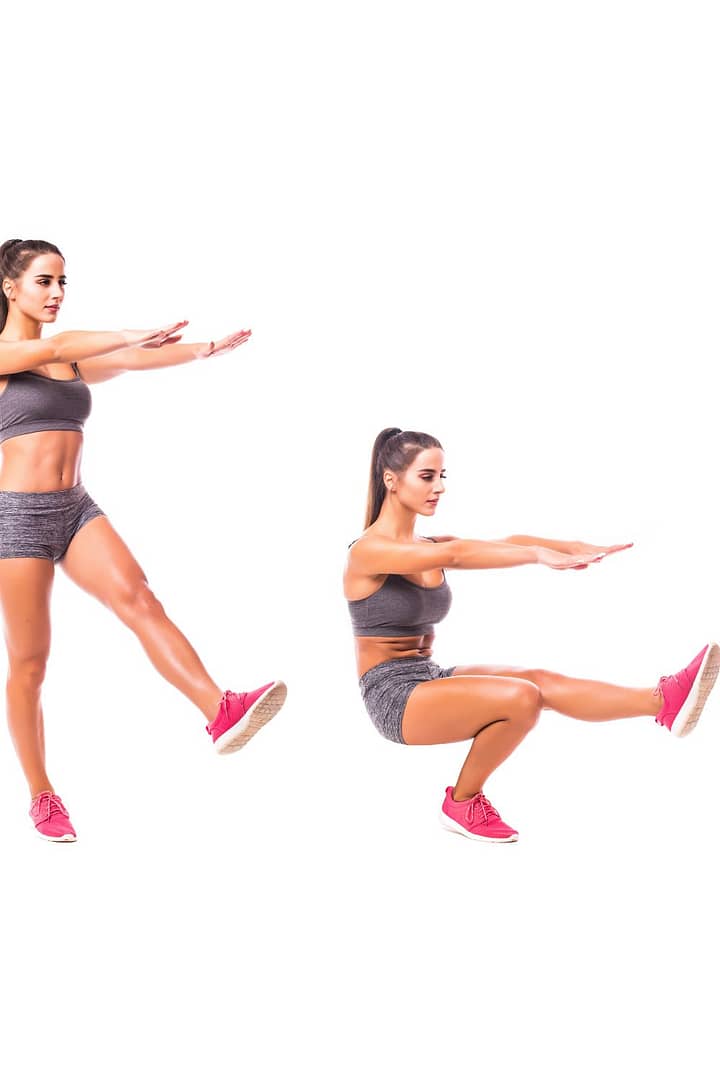 Pistol Squat. Young woman doing sport exercise.